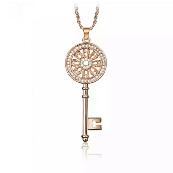 Rose Gold Diamond Flower Key Pendant Necklace - Picture 3 of 6